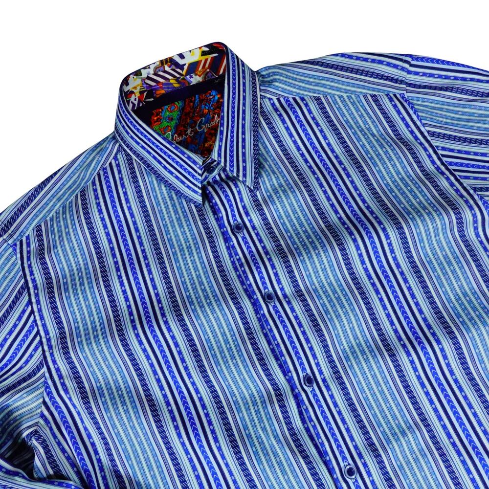 Robert Graham Flip Cuff Embroidered Striped Button Up Shirt Men's Large
